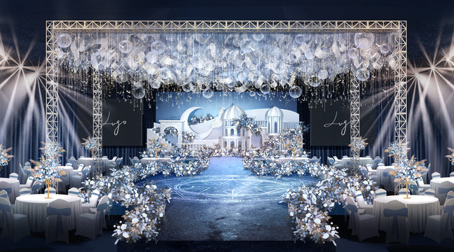 蓝色城堡婚礼手绘主舞台效果图