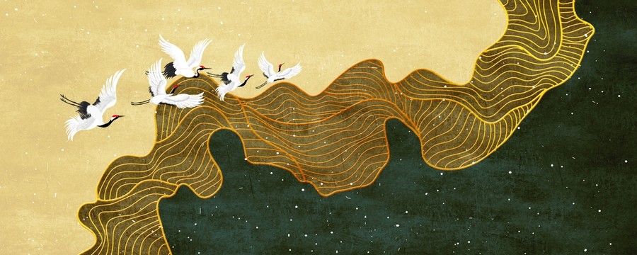高端金色线条仙鹤壁画