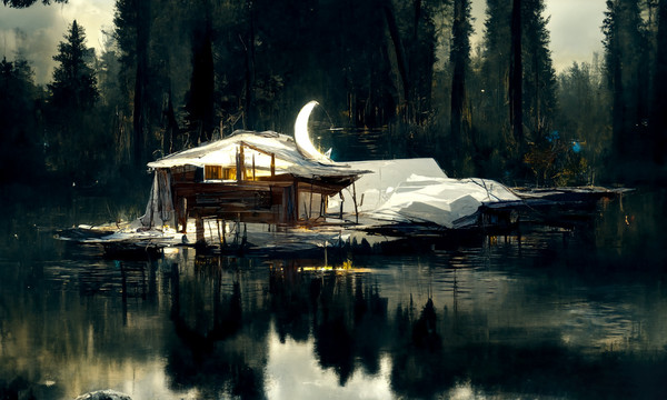 唯美月色湖边木屋