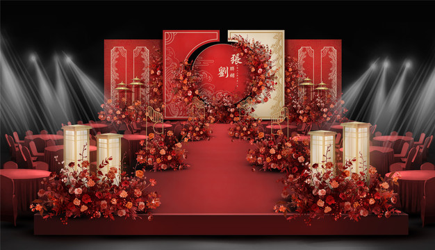 香槟色红色中式婚礼舞台设计