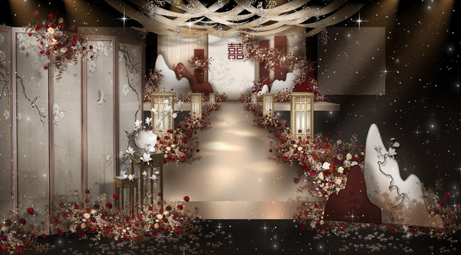 香槟红色新中式婚礼仪式区