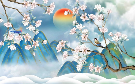 新中式国潮花鸟山水挂画壁画