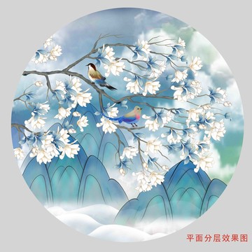 国潮玉兰花山水画