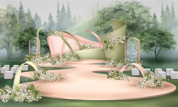 粉绿色户外婚礼求婚派对效果图