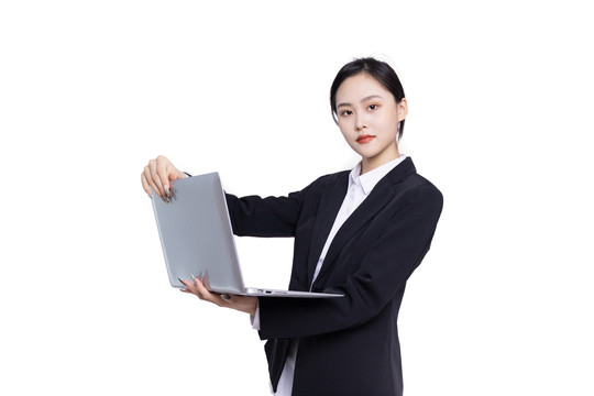 商务女性手持笔记本电脑
