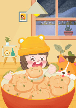 室内小女孩吃饺子和狗