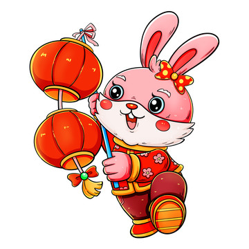 国潮新年春节兔年提灯笼的粉兔