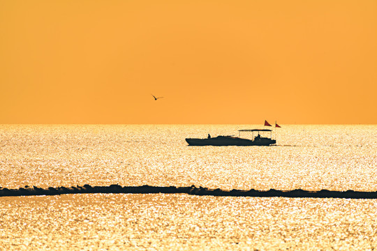 太湖夕阳下的渔船