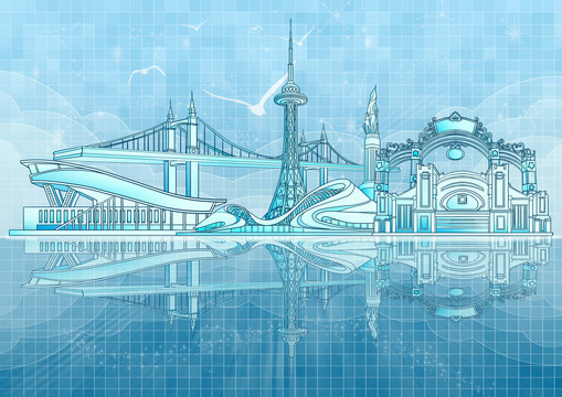 哈尔滨城市地标建筑科技感插画