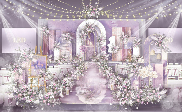 紫色油画婚礼舞台