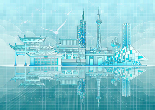 南京城市地标建筑科技感插画