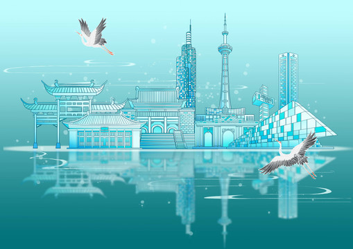 南京城市地标建筑背景插画