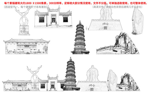 潜山县手绘画素描速写地标建筑