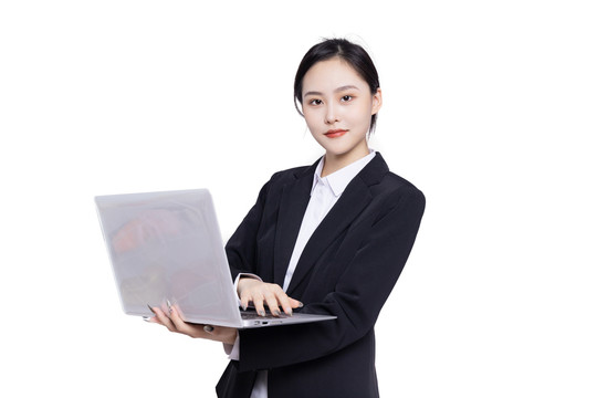 手持笔记本电脑的亚洲商务女性