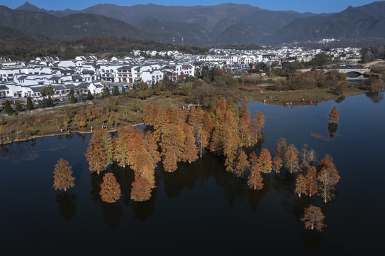 秋天湖边的徽派建筑山村