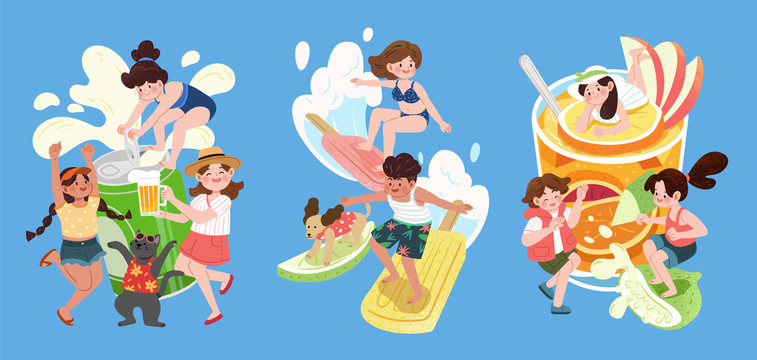 夏日可爱儿童与各式饮品插图