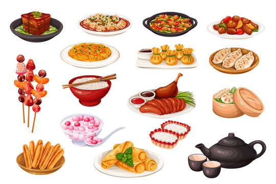 中国经典美食料理手绘插画素材
