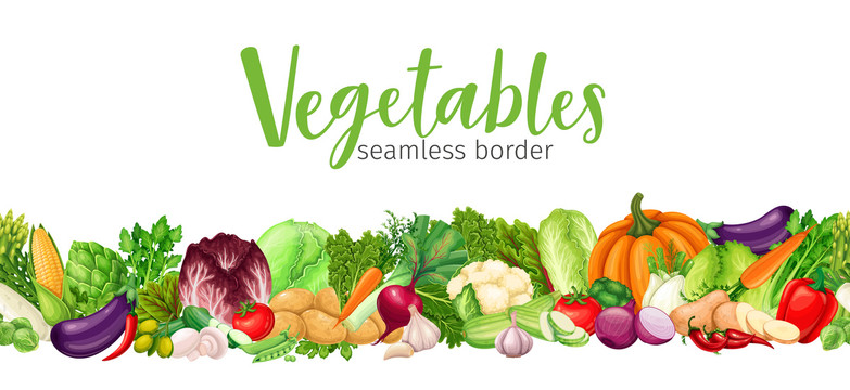 新鲜蔬菜无接缝水平边框插画