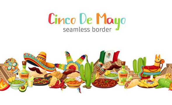 彩色手绘风墨西哥五月五日节水平边框模板