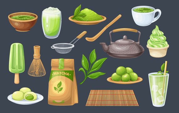 日式抹茶食品和茶具手绘插画素材