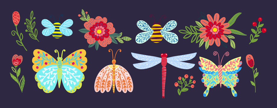 可爱花卉昆虫插图