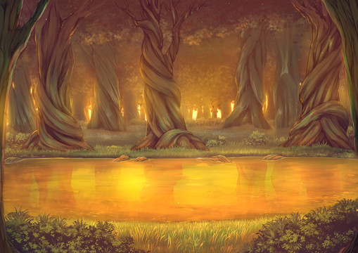 黄昏的森林池塘