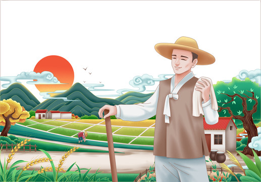 朝鲜族男性农民种大米插画
