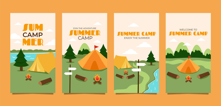 夏天户外露营四联标签卡片