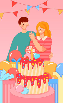 情侣生日蛋糕庆祝情人节插画