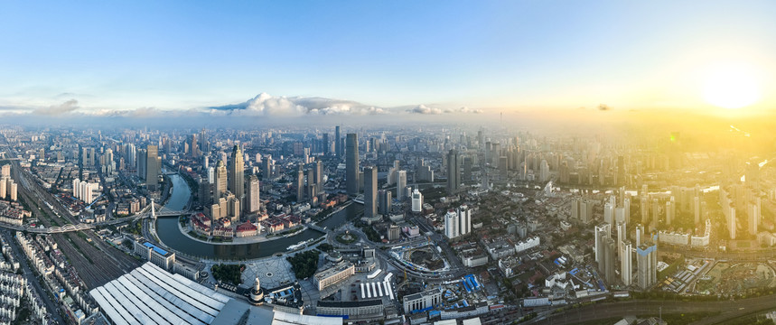 天津城市平流雾美景航拍