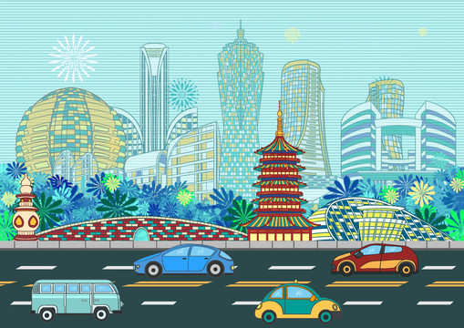 杭州城市地标建筑背景插画