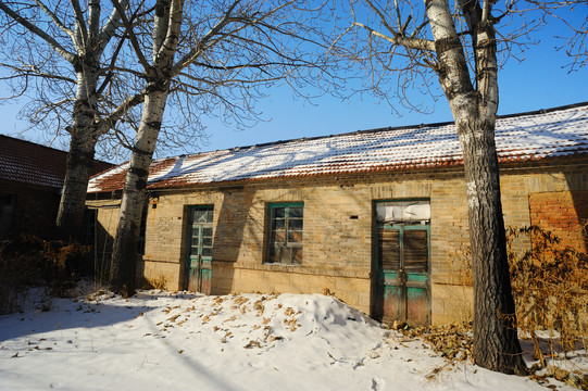 农村老房子下雪