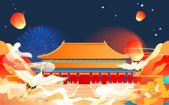庆祝中秋节国庆节国潮建筑插画