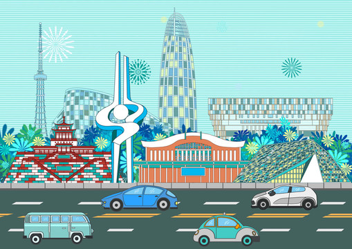 济南城市地标建筑商务插画