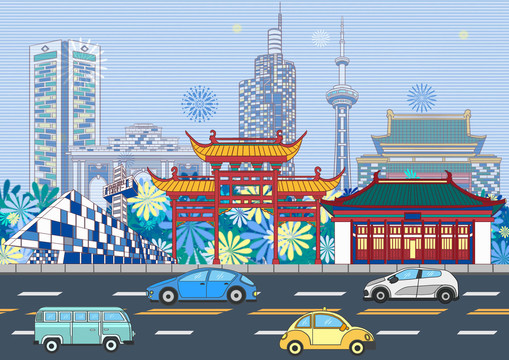 南京城市地标建筑背景插画