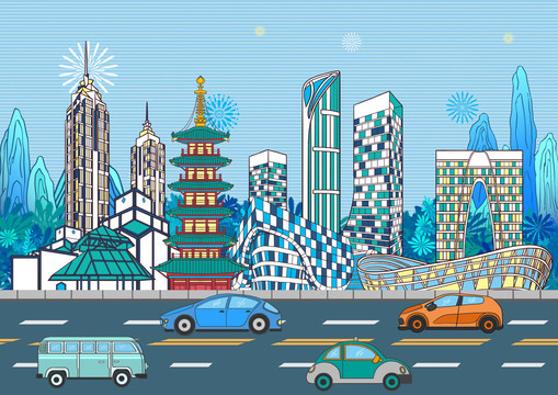 苏州城市地标建筑商务插画
