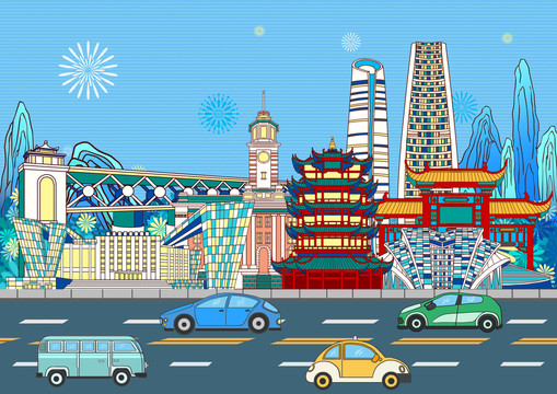 武汉城市地标建筑背景插画