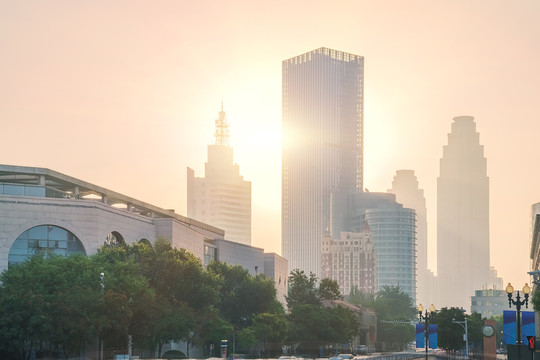 俯瞰天津城市天际线和日出