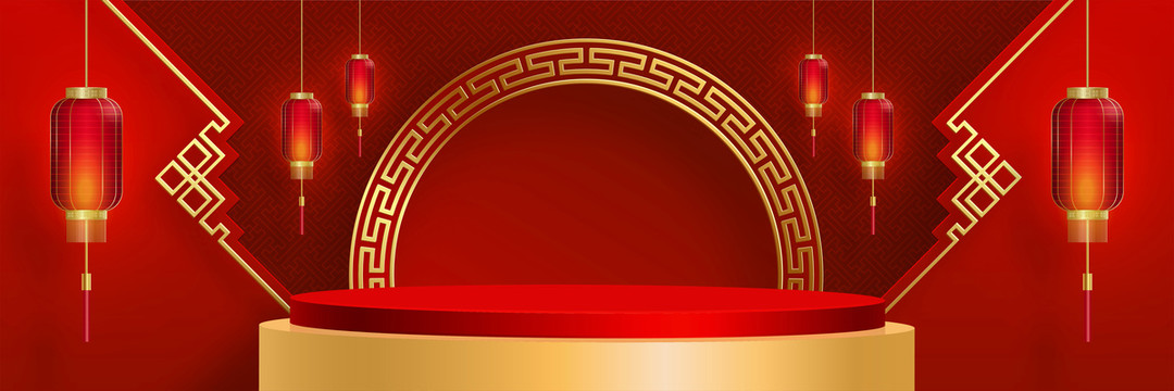 金色圆形舞台 红背景广告模版三维图
