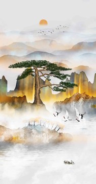 迎客松仙鹤山水画玄关画