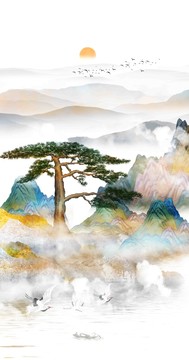 迎客松仙鹤山水画挂画