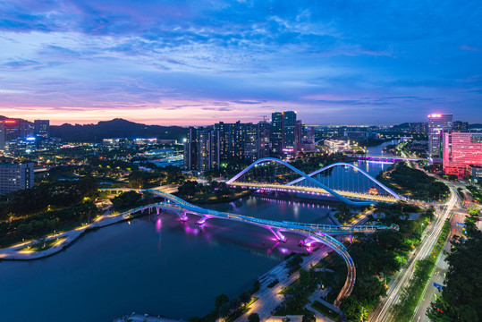 南沙蕉门河双桥两岸建筑楼夜景