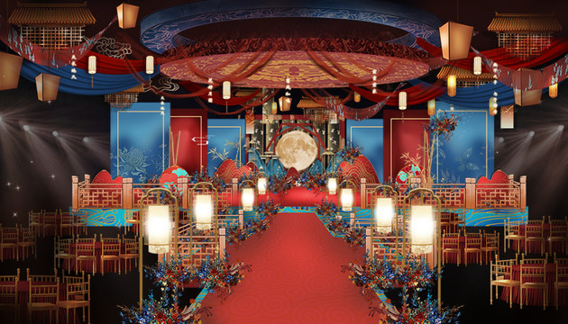 红蓝撞色传统中式婚礼效果图