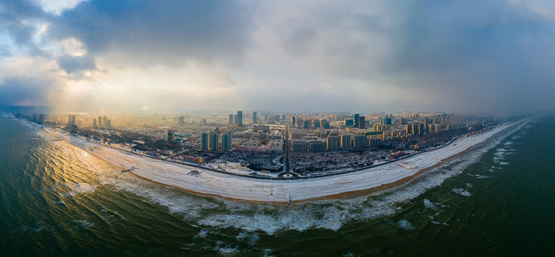 山东烟台黄渤海新区雪景航拍