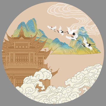 楼阁国潮山水插画