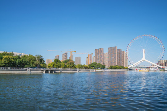 天津城市天际线和海河上的桥梁