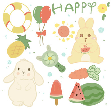 夏日清凉兔兔插画描边风贴纸