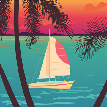 夕阳海面帆船插图