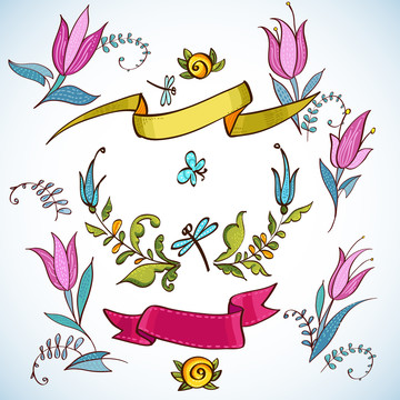 花卉缎带涂鸦插图