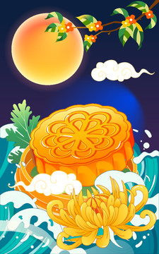 中秋节团圆赏月吃螃蟹月饼插画